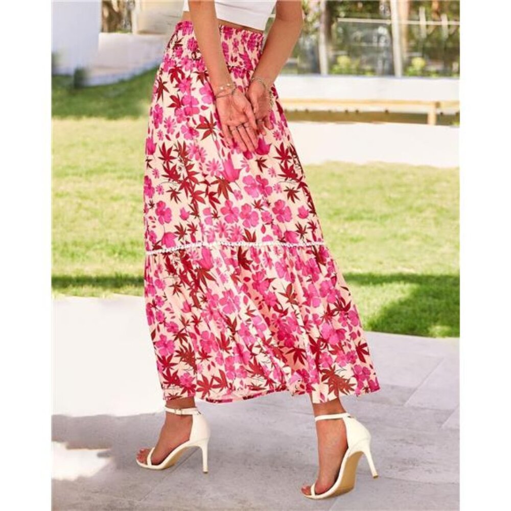 Women Floral Long Skirts Casual Elastic High Waist Pleated Swing A Line Boho - Picture 5 of 7